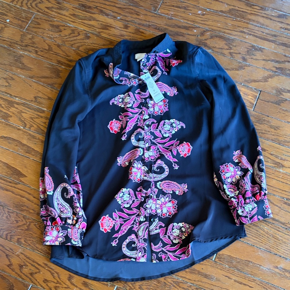 Chico's Black Blouse with Pink Floral Paisley Embroidery